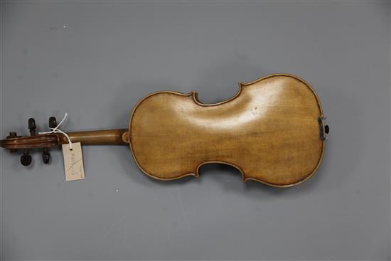 A violin with two piece back, bearing a label for Vasciscus Gobetti Fecit, overall 23.5in., cased